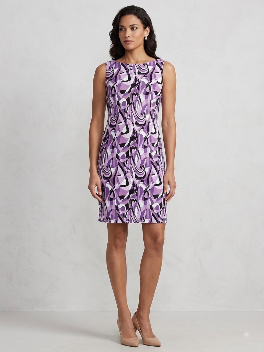 Connected Apparel Sleeveless Purple Abstract Print Sheath Dress